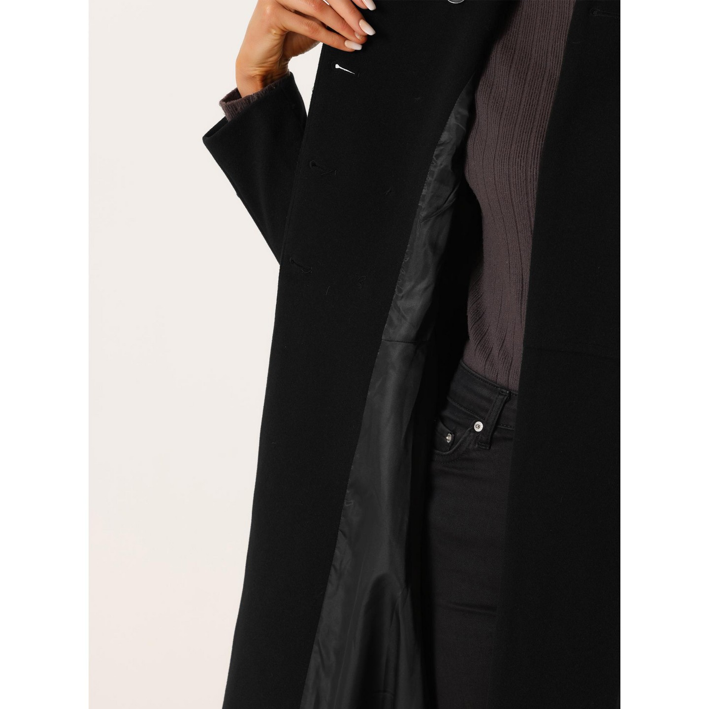 Allegra K Women's Winter Vintage Collared A-Line Double Breasted Long Swing Overcoat Large Black, цвет: Чёрный — фото 5