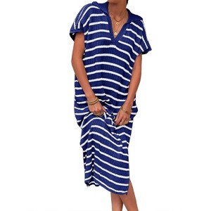Imily Bela Women's striped dress, striped dress, short-sleeve V-neck knit dress, sexy slit, loose long collared sweater dress - 1 of 4