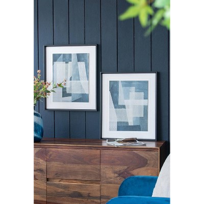 Set of 2 Blue Geometric Abstract Canvas Prints with Black Frames