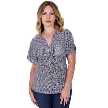 24seven Comfort Apparel Womens V Neck Geometric Print Knot Front Sleeve Top