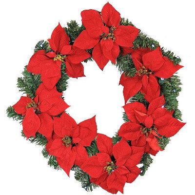 LB International 22" Prelit LED Red Artificial Poinsettia Christmas Wreath - Clear Lights