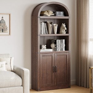 Arched Bookcase with Doors Tall Farmhouse Bookshelf 5 Shelf Cabinet with Shelves Wooden Bookshelves - 1 of 4