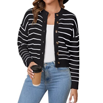 Women's Striped Cropped Cardigan Front Button Down Sweater Coats Sweater Knit Outerwear Everyday Cropped Jacket,Black - XL
