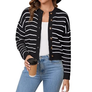 Women's Striped Cropped Cardigan Front Button Down Sweater Coats Sweater Knit Outerwear Everyday Cropped Jacket - 1 of 4