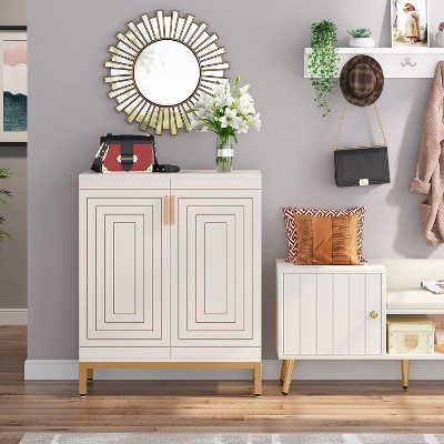 White and Gold 5-Tier Modern Shoe Cabinet with Geometric Doors
