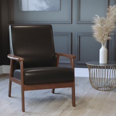 Mid-Century Modern Black Leather Accent Chair with Walnut Wood Frame