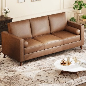 81" Leather Sofa for Living Room, Mid-Century Modern Couch with Deep Seats, Brown Faux Leather Couch, 3 Seat Sofa with Removable Cover for Apartment - 1 of 4