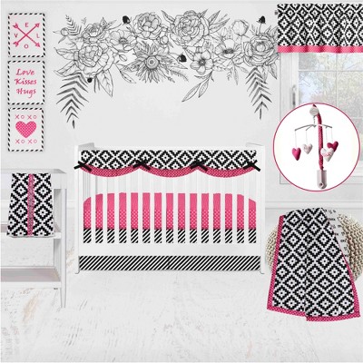 Image of Bacati - Love Black Fuschia 10 pc Crib Bedding Set with Long Rail Guard Cover