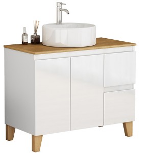 Gulches 36 in 1 Sink All-in-One Vanity Glossy White Bath Vanity with Natural Solid Wood Top Soft Close Handle-Free Round Ceramic Basin - 1 of 4