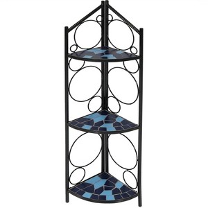 Sunnydaze Steel 3-Tiered Potted Flower Plant Folding Corner Stand Display with Mosaic Tiled Top - 44" - Blue - 1 of 4