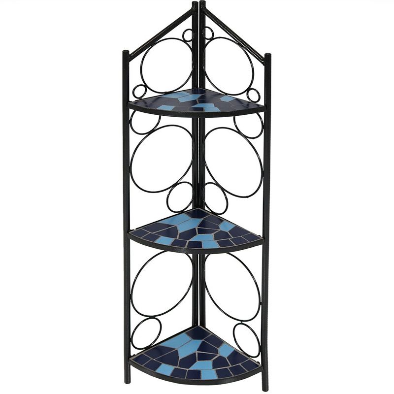 Sunnydaze Indoor/Outdoor Steel 3-Tiered Potted Flower Plant Folding Corner Stand Display with Mosaic Tiled Top - 44" - Blue, 1 of 8