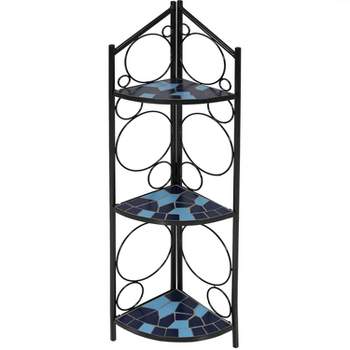 Sunnydaze Indoor/Outdoor Steel 3-Tiered Potted Flower Plant Folding Corner Stand Display with Mosaic Tiled Top - 44" - Blue