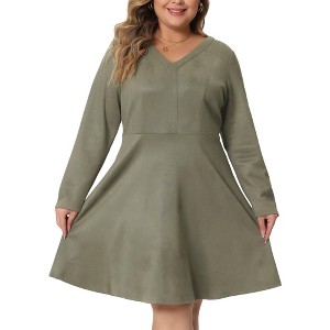 Agnes Orinda Women's Plus Size Faux Suede V Neck Long Sleeve A-Line Dress - 1 of 4