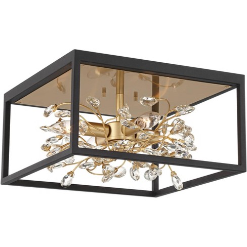 Possini Euro Design Carrine Modern Ceiling Light Flush Mount Fixture 14  1/4 Wide Black Gold 4-Light Clear Crystal for Bedroom Kitchen Living Room