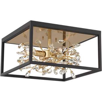 Possini Euro Design Carrine Modern Ceiling Light Flush Mount Fixture 14 1/4" Wide Black Gold 4-Light Clear Crystal for Bedroom Kitchen Living Room