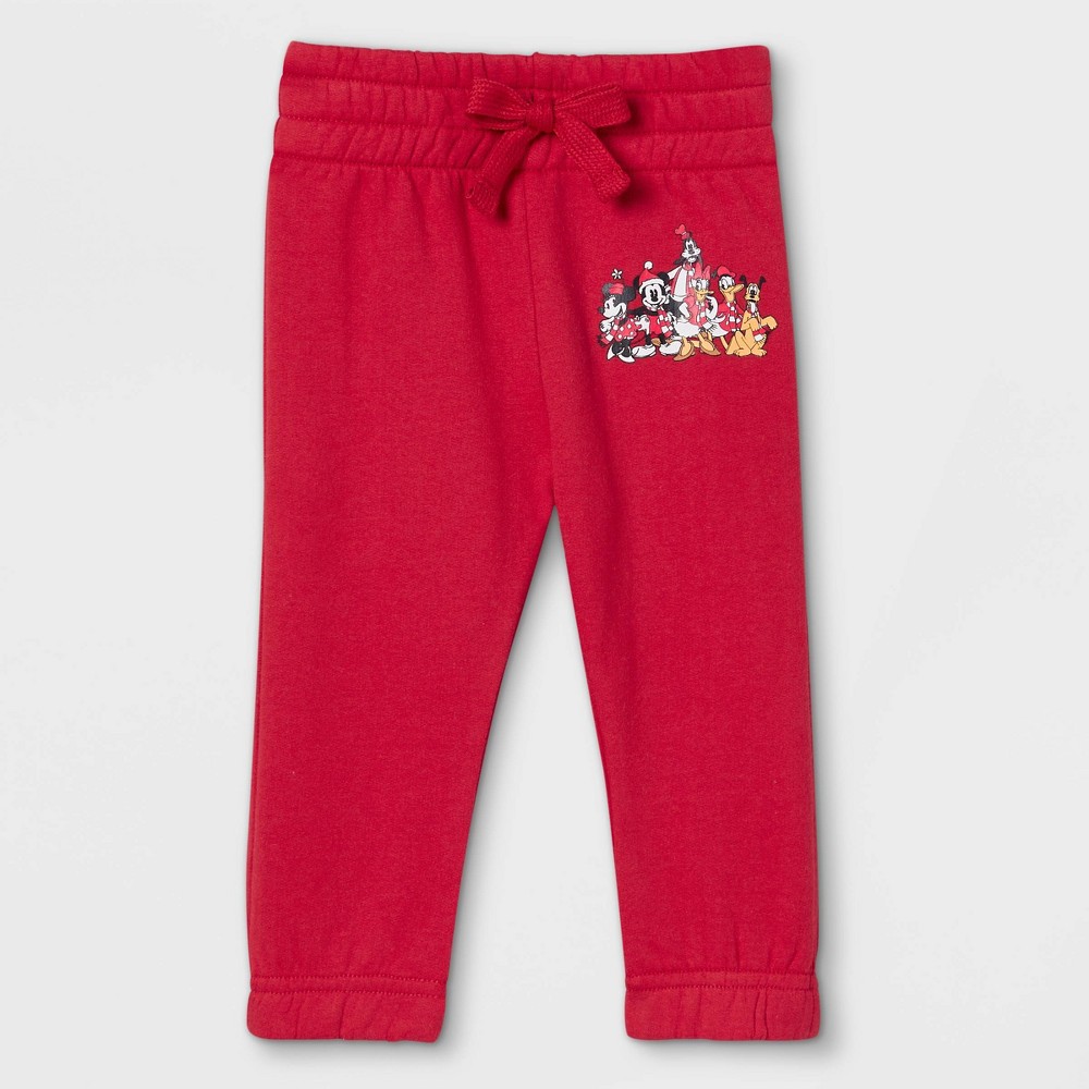 Baby Size 0-3M Adaptive Disney Mickey and Friends Family Holiday Graphic Jogger Pants - Red