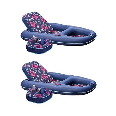 Aqua Leisure Campania Ultimate Convertible 2 in 1 Outdoor Swimming Pool Float Lounger Recliner and Drink Caddy, Navy Hibiscus (2 Pack)