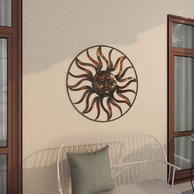 Metal Sunburst Indoor Outdoor Round Wall Decor With Distressed