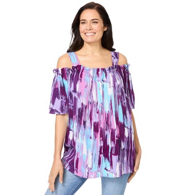 Woman Within Women's Plus Size Printed Cold-Shoulder Blouse