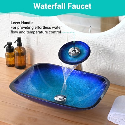 Blue Tempered Glass Rectangular Vessel Sink with Waterfall Faucet