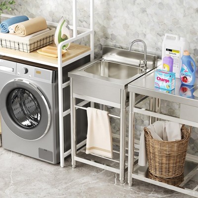 21.65 in. D x 19.7 in. W x 39.2 in. H Freestanding Laundry/Utility Sink Silver Kitchen Sink with Faucet