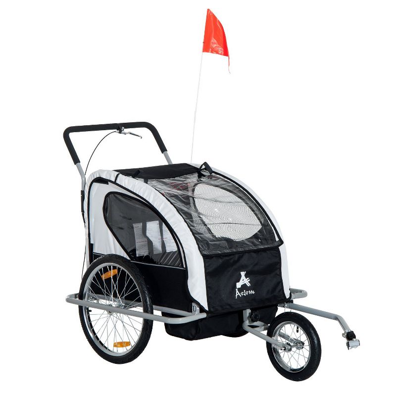 Aosom Elite Three-Wheel Bike Trailer for Kids Bicycle Cart for Two Children with 2 Security Harnesses & Storage, 4 of 9