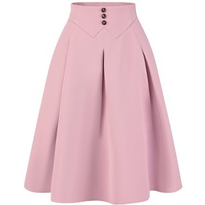 Allegra K Women's Pleated Button Decor High Waist Casual Office Swing Midi Skirts - 1 of 4