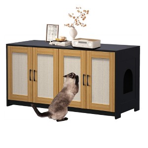 47 inch Double Litter Box Enclosure - Wooden 2-Cat Hidden Cabinet with Pull-Out Drawers & 4 Sisal Doors, Cat House/TV Stand Sideboard - 1 of 4