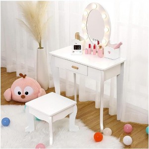 Girls Vanity Table and Chair Set, Kids Makeup Dressing Table with Lights Wood Makeup Playset, Kids Vanity Set with Mirror Drawer for Age 4-9 - 1 of 4