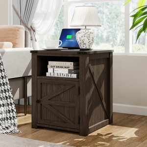 MUUEGM 18" Farmhouse End Table| Nightstand Bedside Table with Charging Station and Door &Storage Shelf - 1 of 4