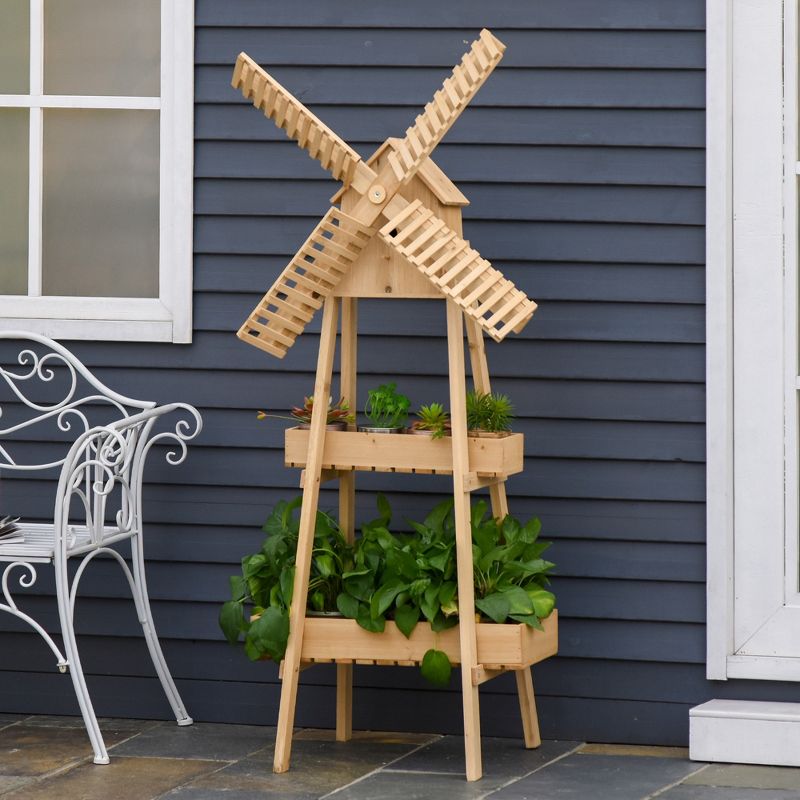 Outsunny Outdoor Plant Stand, 2 Tier Wood Flower Stand with Windmill, Garden Decor Plant Shelf with Built-in Mini Bird House, Great for Indoor/Outdoor, 4 of 9