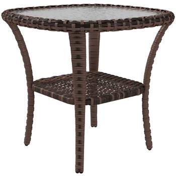 Outsunny Rattan Coffee Table with Storage Shelf, Hand-Woven Wicker Outdoor Side Table with Water-Ripple Glass Top