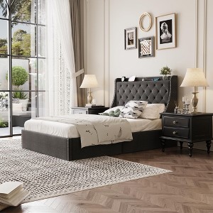 Upholstered Full Bed Frame with 4 Storage Drawers, Wingback Headboard, Charging Station, Diamond Tufted, No Box Spring Needed - 1 of 4
