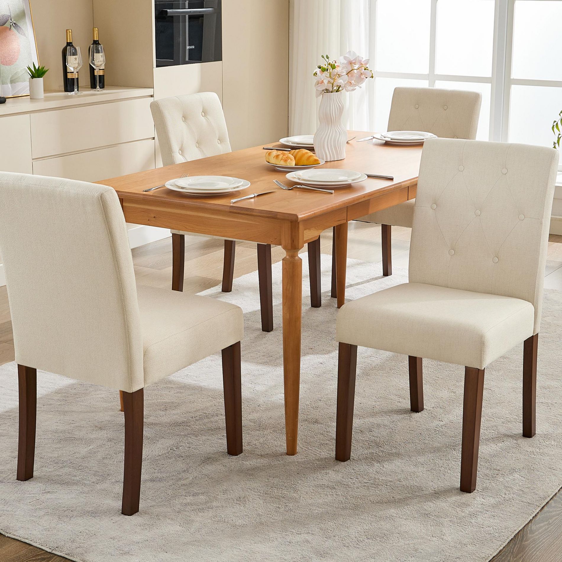 coucheta Upholstered Dining Chair, Button Backrest Chair, Wood Legs Chair, Comfortable Dining Chair, Linen Upholstered Chair