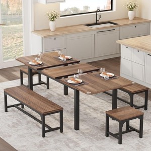5 Pieces Dining Table Set for 4-6, Extendable Dining Room Table Set for 4, Kitchen Table with Benches and Stools, Dinner Table Set for Home - 1 of 4