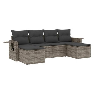 vidaXL 6 Piece Patio Sofa Set with Cushions Gray Poly Rattan - Gray - 1 of 4