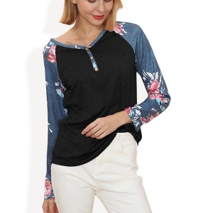 Anna-Kaci Women's Long Sleeve Raglan Henley Top with Button Detail and Floral Print Sleeves - 1 of 3