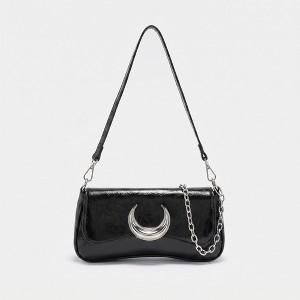 accent shoulder bag／black Alilang Women's Glossy Crescent Accent Flap Shoulder Bag with