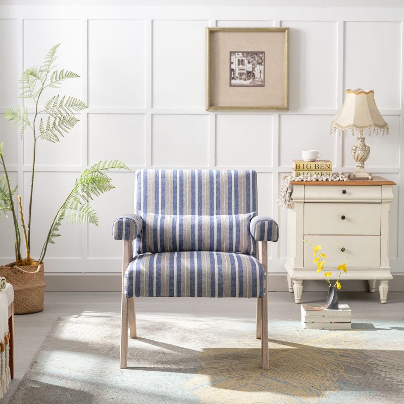 Megan 27.56" Wide Striped Upholstered Seat and Lumbar Pillow With Oak "V" Shape Solid Wood Legs Accent Chair With Arm Pads-The Pop Maison, 1 of 10