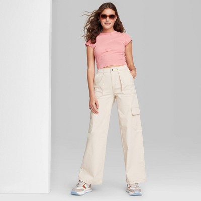 White High Rise Straight Leg Cargo Pants