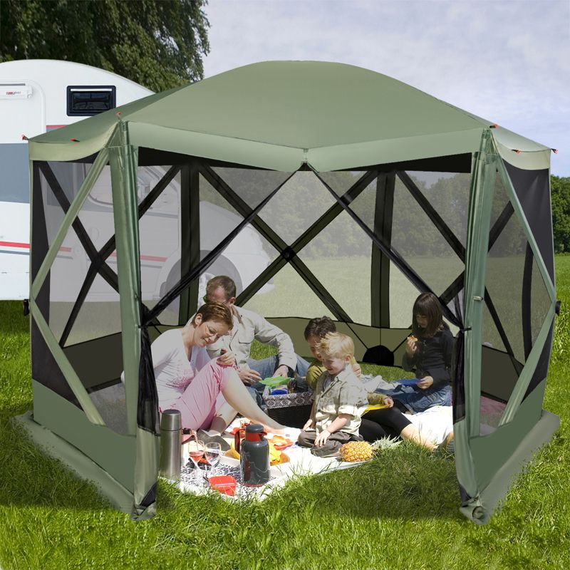 Costway 11.5 X 11.5 FT 6-Sided Pop-up Screen House Tent With 2 Wind Panels for Camping Coffee/Green, 2 of 11