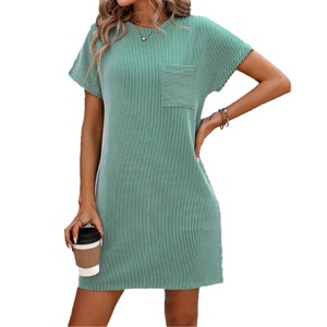Summer Lounge Dress for Women Crew Neck Striped Comfy Pajamas Dress Casual T Shirt Dresses Summer Casual Shift Dress with Faux Pockets - 1 of 4