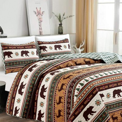 Full Brown Microfiber Reversible Lodge Quilt Set