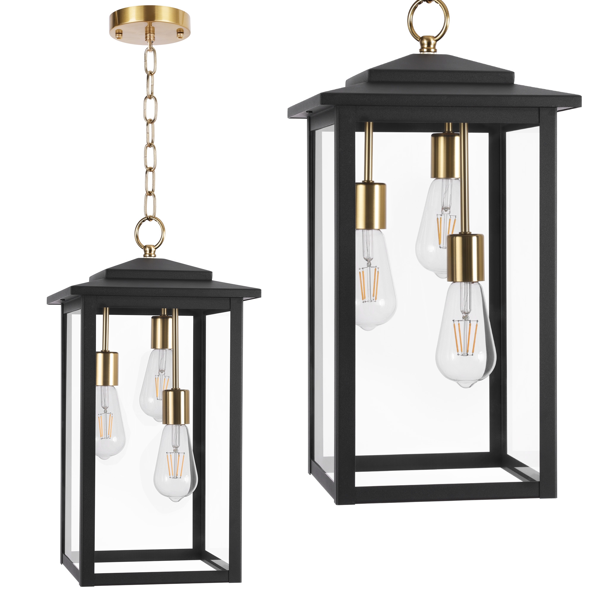 LamQee Gold Large Outdoor Pendant Lights Fixture 3-Lights Modern Outdoor Ceiling Hanging Lights Chandeliers with Glass Shade E26 Base