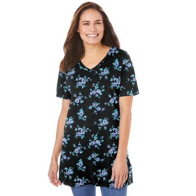 Woman Within Women's Plus Size Perfect Printed Short-Sleeve V-Neck Tunic