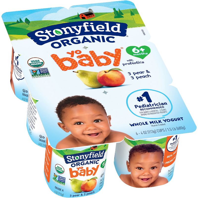 Stonyfield Organic YoBaby Pear &#38; Peach Whole Milk Kids&#39; Probiotic Yogurt - 6ct/4oz Cups, 1 of 12