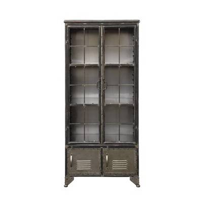 Distressed Black Metal 57.5" Tall Storage Cabinet with Glass Doors