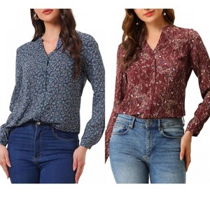 INSPIRE CHIC Women's Floral Loose V Neck Long Sleeve Button-Up Shirt 2 Packs - 1 of 4