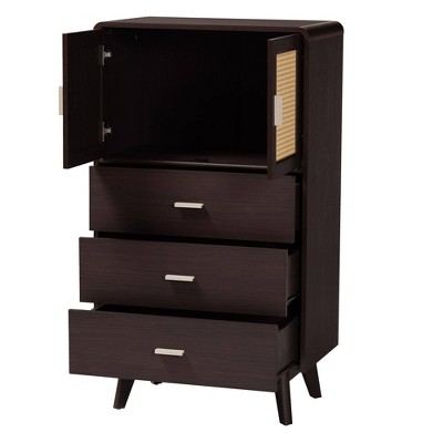 Giancarlo Espresso Brown 3-Drawer Wood Storage Chest with Rattan Doors