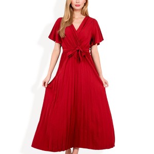 Anna-Kaci Women's V-Neck Flutter Sleeve Maxi Dress with Pleated Skirt and Waist Tie - 1 of 4